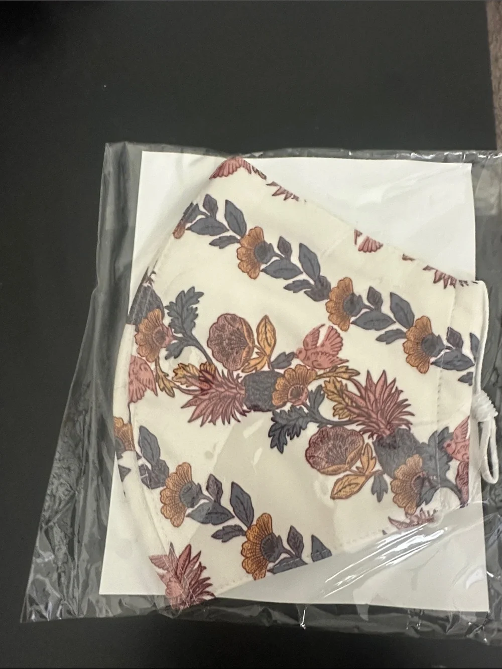 Tory Burch White Floral Face Mask with Pink, Gold, and Gray Accents